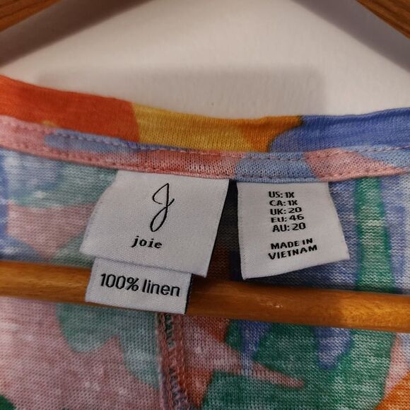 Joie Tropical Print Short Sleeve Linen Women's Multicolored Top Blouse Size 1X - Picture 3 of 7